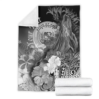 Polynesian Hawaii Custom Personalised Premium Blanket - Humpback Whale with Tropical Flowers (White)