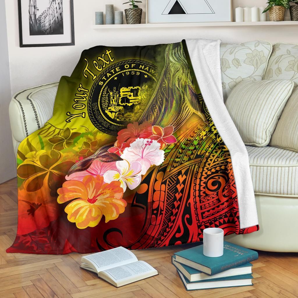 Polynesian Hawaii Custom Personalised Premium Blanket - Humpback Whale with Tropical Flowers (Yellow)