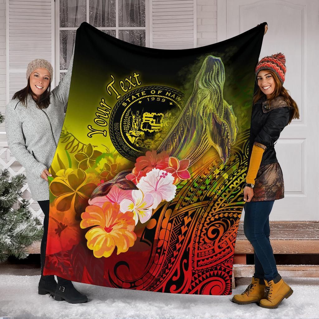 Polynesian Hawaii Custom Personalised Premium Blanket - Humpback Whale with Tropical Flowers (Yellow)