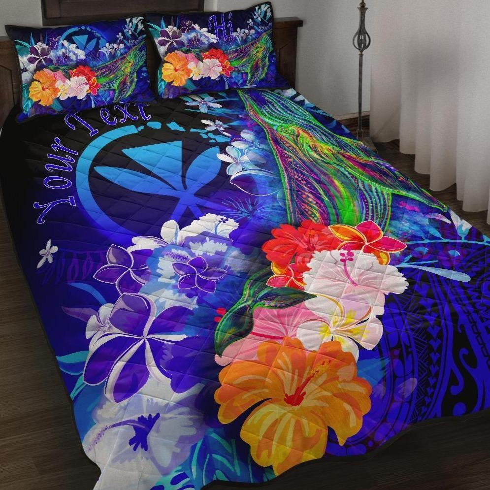 Polynesian Hawaii Custom Personalised Premium Quilt Bed Set - Kanaka Maoli Humpback Whale with Tropical Flowers (Blue)