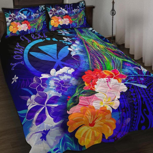 Polynesian Hawaii Custom Personalised Premium Quilt Bed Set - Kanaka Maoli Humpback Whale with Tropical Flowers (Blue)