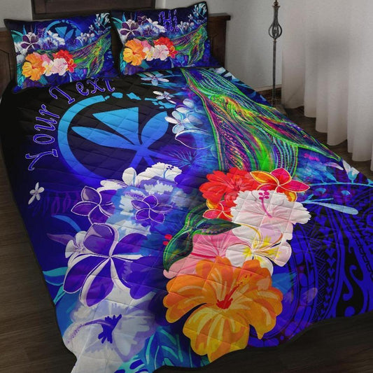 Polynesian Hawaii Custom Personalised Premium Quilt Bed Set - Kanaka Maoli Humpback Whale with Tropical Flowers (Blue)