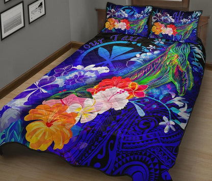 Polynesian Hawaii Custom Personalised Premium Quilt Bed Set - Kanaka Maoli Humpback Whale with Tropical Flowers (Blue)