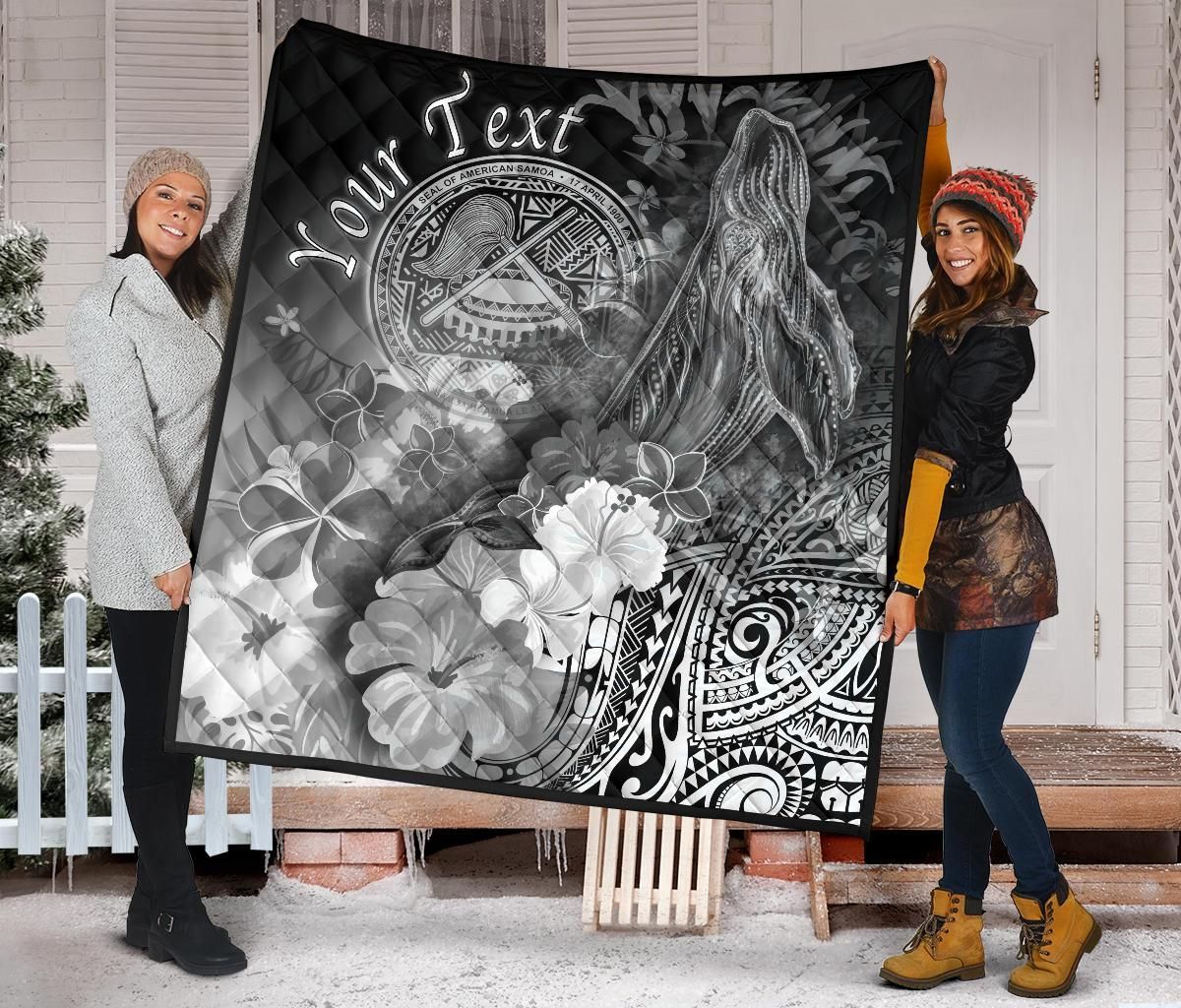 Polynesian Hawaii Custom Personalised Premium Quilt - Humpback Whale with Tropical Flowers (White)