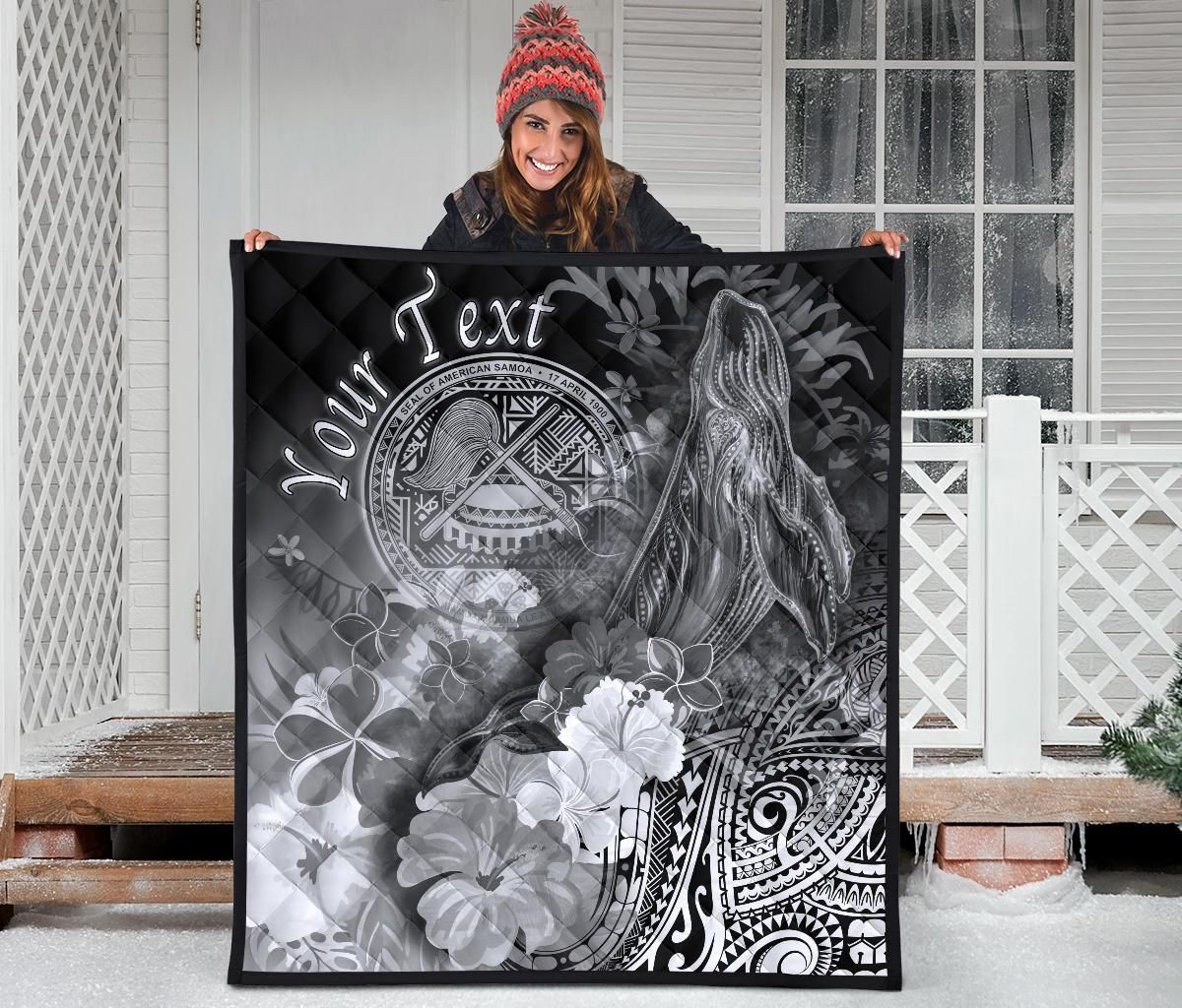 Polynesian Hawaii Custom Personalised Premium Quilt - Humpback Whale with Tropical Flowers (White)