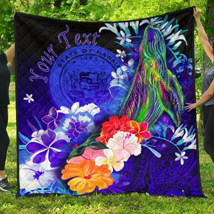 Polynesian Hawaii Custom Personalised Premium Quilt - Humpback Whale with Tropical Flowers (Blue)
