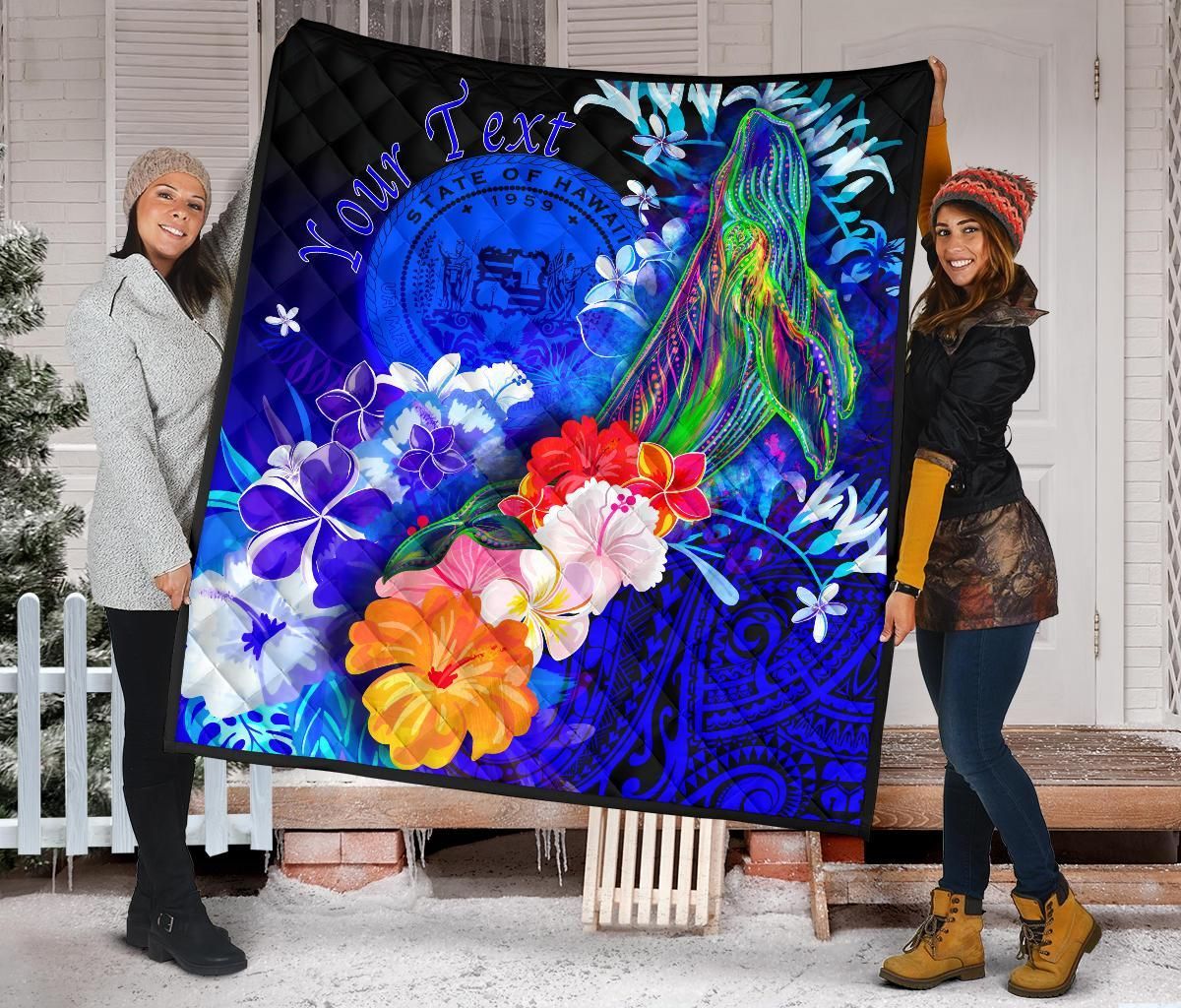 Polynesian Hawaii Custom Personalised Premium Quilt - Humpback Whale with Tropical Flowers (Blue)