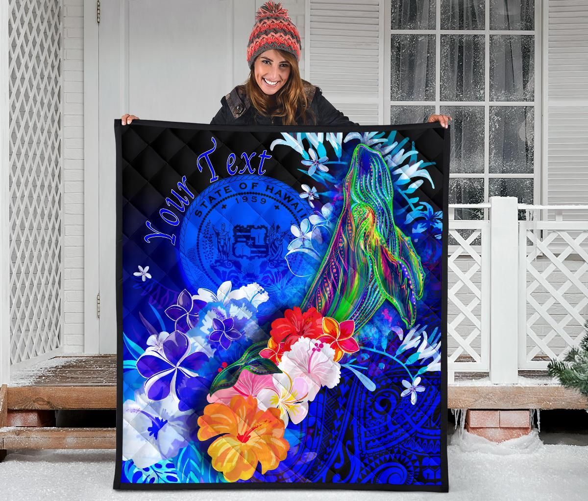 Polynesian Hawaii Custom Personalised Premium Quilt - Humpback Whale with Tropical Flowers (Blue)