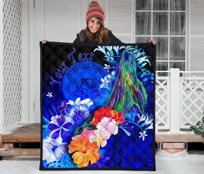 Polynesian Hawaii Custom Personalised Premium Quilt - Humpback Whale with Tropical Flowers (Blue)