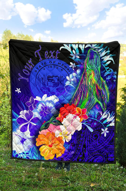 Polynesian Hawaii Custom Personalised Premium Quilt - Humpback Whale with Tropical Flowers (Blue)