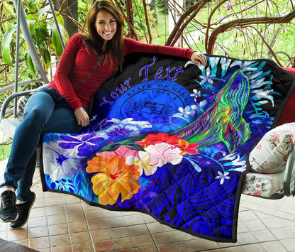 Polynesian Hawaii Custom Personalised Premium Quilt - Humpback Whale with Tropical Flowers (Blue)