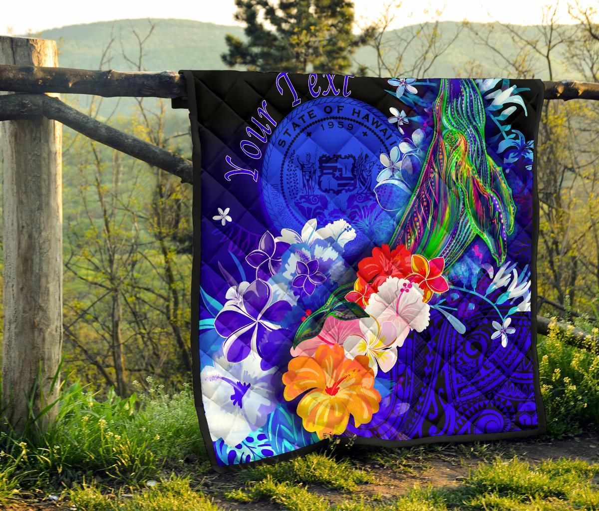 Polynesian Hawaii Custom Personalised Premium Quilt - Humpback Whale with Tropical Flowers (Blue)