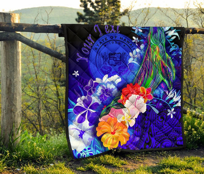 Polynesian Hawaii Custom Personalised Premium Quilt - Humpback Whale with Tropical Flowers (Blue)