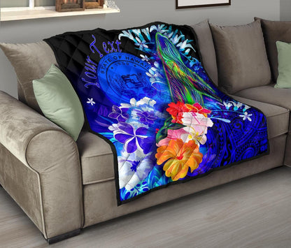 Polynesian Hawaii Custom Personalised Premium Quilt - Humpback Whale with Tropical Flowers (Blue)