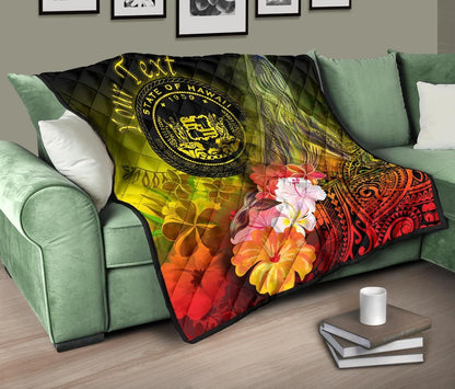 Polynesian Hawaii Custom Personalised Premium Quilt - Humpback Whale with Tropical Flowers (Yellow)