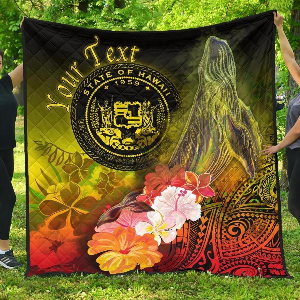 Polynesian Hawaii Custom Personalised Premium Quilt - Humpback Whale with Tropical Flowers (Yellow)