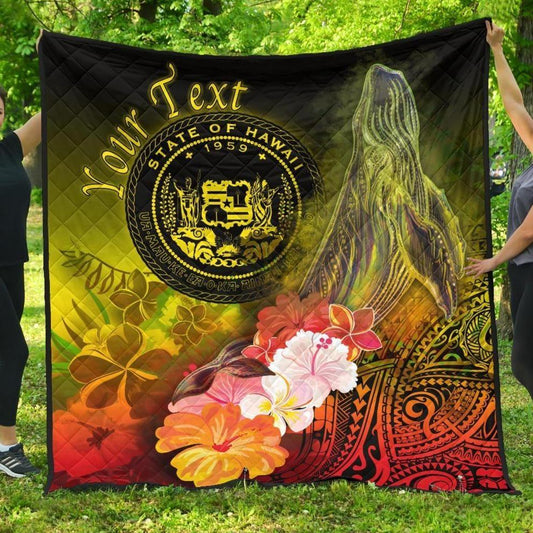 Polynesian Hawaii Custom Personalised Premium Quilt - Humpback Whale with Tropical Flowers (Yellow)