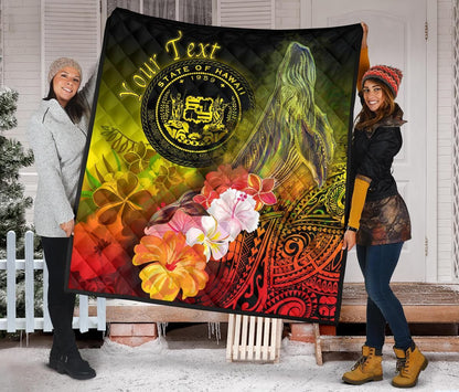 Polynesian Hawaii Custom Personalised Premium Quilt - Humpback Whale with Tropical Flowers (Yellow)