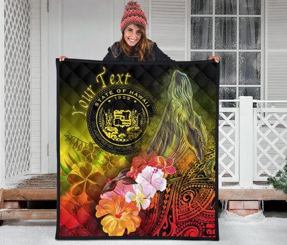 Polynesian Hawaii Custom Personalised Premium Quilt - Humpback Whale with Tropical Flowers (Yellow)