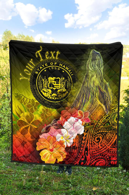 Polynesian Hawaii Custom Personalised Premium Quilt - Humpback Whale with Tropical Flowers (Yellow)