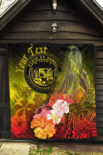 Polynesian Hawaii Custom Personalised Premium Quilt - Humpback Whale with Tropical Flowers (Yellow)