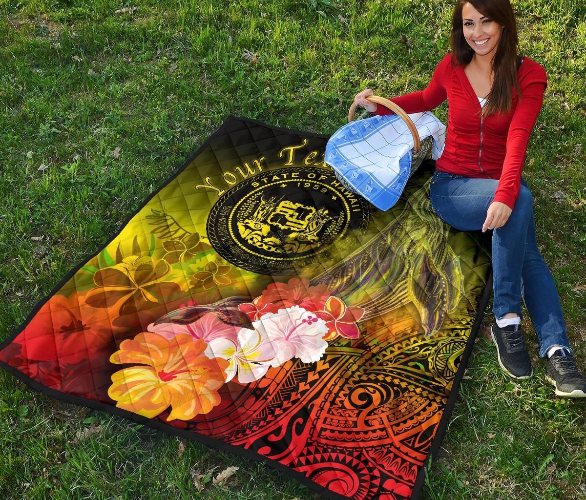 Polynesian Hawaii Custom Personalised Premium Quilt - Humpback Whale with Tropical Flowers (Yellow)