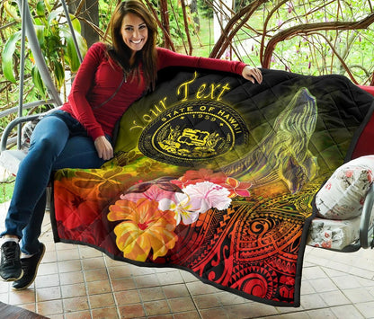 Polynesian Hawaii Custom Personalised Premium Quilt - Humpback Whale with Tropical Flowers (Yellow)