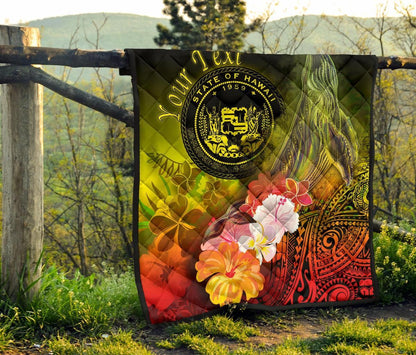 Polynesian Hawaii Custom Personalised Premium Quilt - Humpback Whale with Tropical Flowers (Yellow)