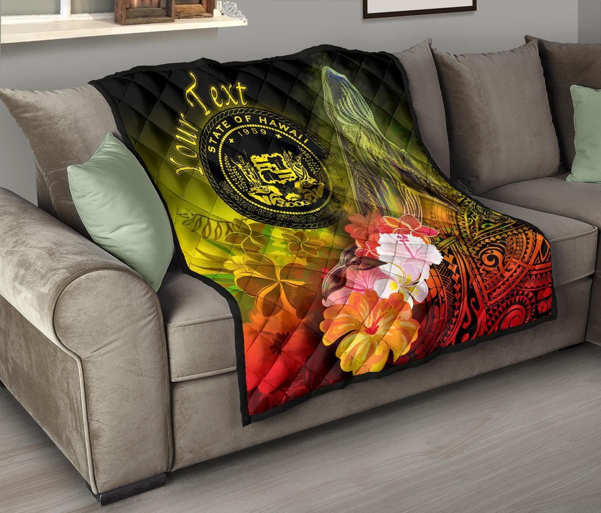 Polynesian Hawaii Custom Personalised Premium Quilt - Humpback Whale with Tropical Flowers (Yellow)