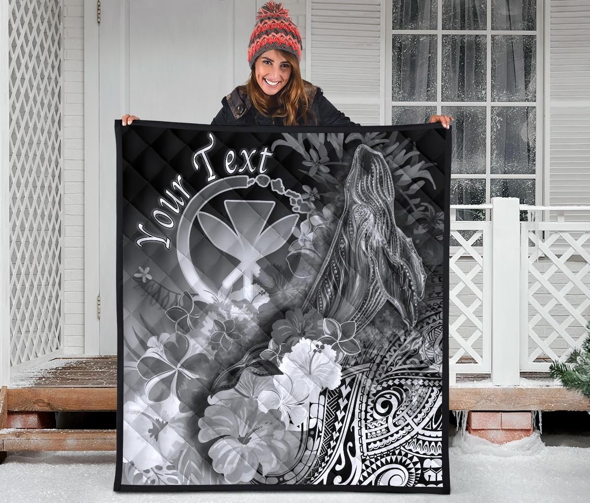 Polynesian Hawaii Custom Personalised Premium Quilt - Kanaka Maoli  Humpback Whale with Tropical Flowers (White)