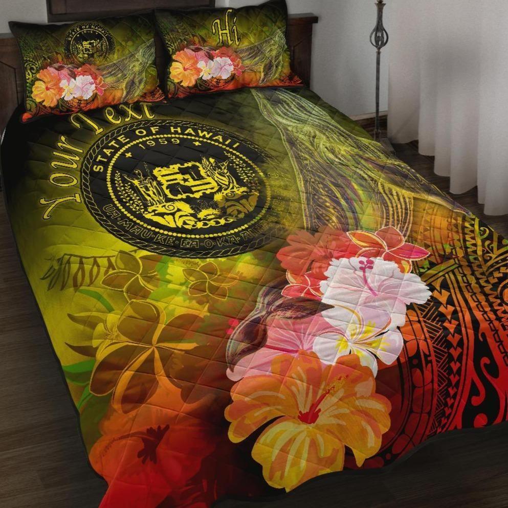 Polynesian Hawaii Custom Personalised Quilt Bed Set - Humpback Whale with Tropical Flowers (Yellow)