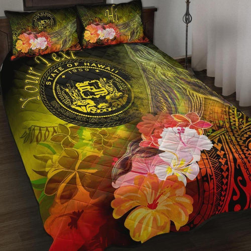 Polynesian Hawaii Custom Personalised Quilt Bed Set - Humpback Whale with Tropical Flowers (Yellow)