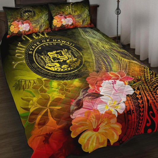 Polynesian Hawaii Custom Personalised Quilt Bed Set - Humpback Whale with Tropical Flowers (Yellow)