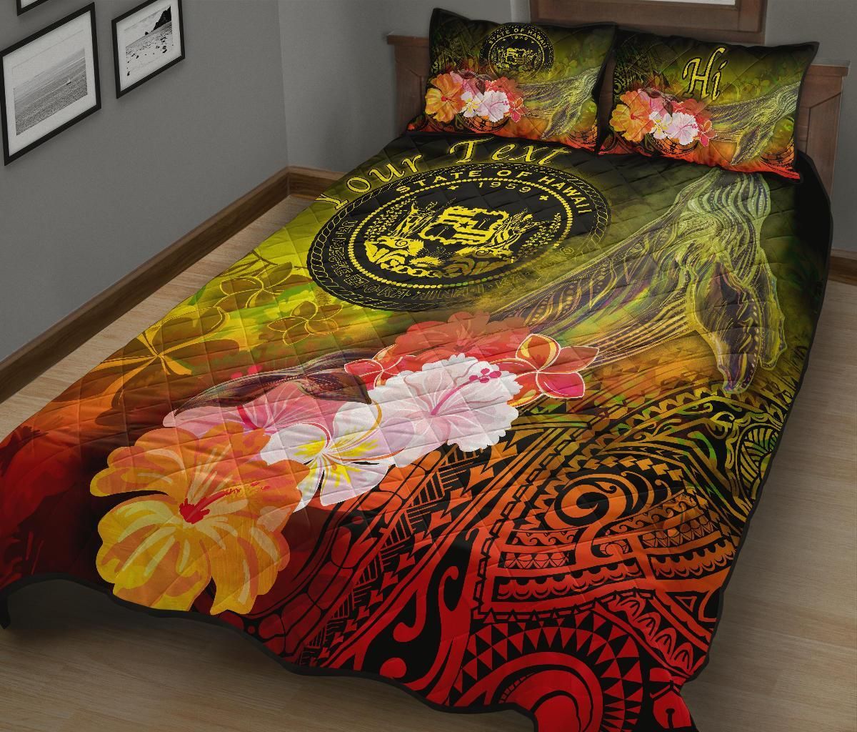 Polynesian Hawaii Custom Personalised Quilt Bed Set - Humpback Whale with Tropical Flowers (Yellow)