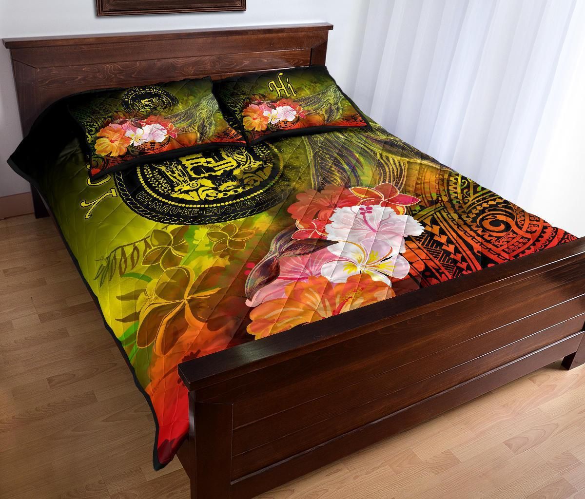 Polynesian Hawaii Custom Personalised Quilt Bed Set - Humpback Whale with Tropical Flowers (Yellow)
