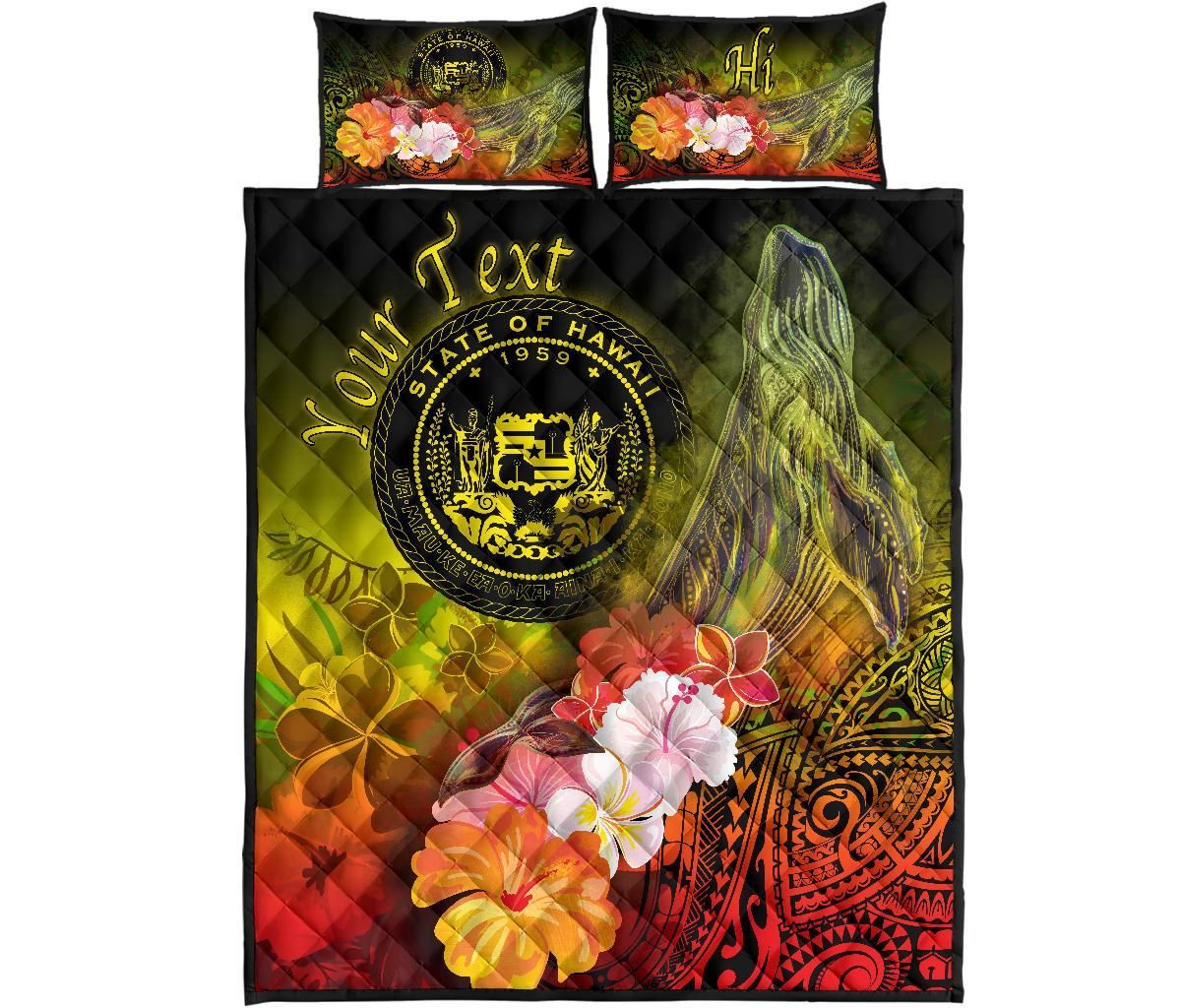 Polynesian Hawaii Custom Personalised Quilt Bed Set - Humpback Whale with Tropical Flowers (Yellow)