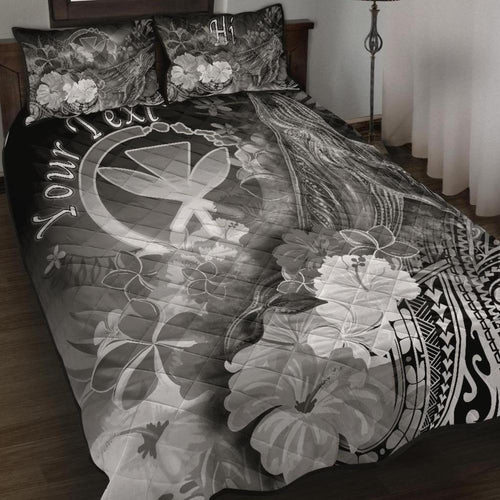 Polynesian Hawaii Custom Personalised Quilt Bed Set - Kanaka Maoli Humpback Whale with Tropical Flowers (White)