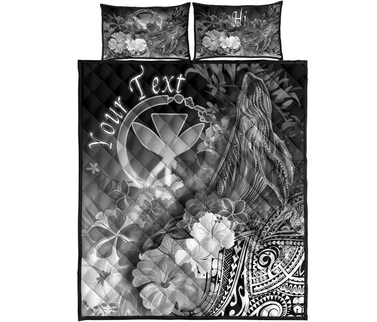 Polynesian Hawaii Custom Personalised Quilt Bed Set - Kanaka Maoli Humpback Whale with Tropical Flowers (White)