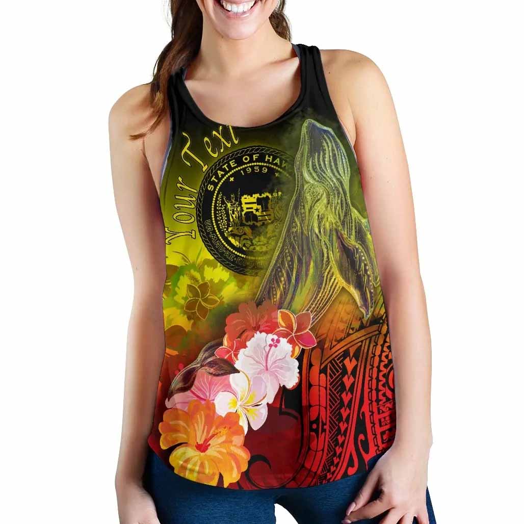 Polynesian Hawaii Custom Personalised Women Racerback Tank - Humpback Whale with Tropical Flowers (Yellow)