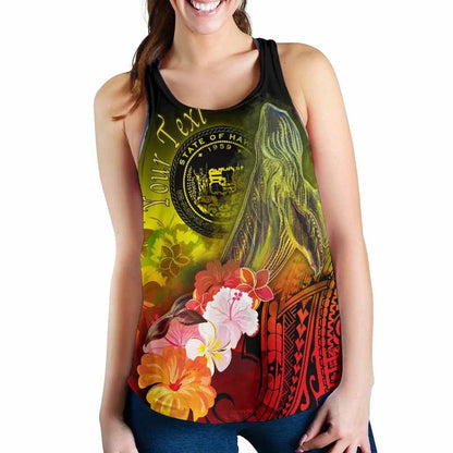 Polynesian Hawaii Custom Personalised Women Racerback Tank - Humpback Whale with Tropical Flowers (Yellow)