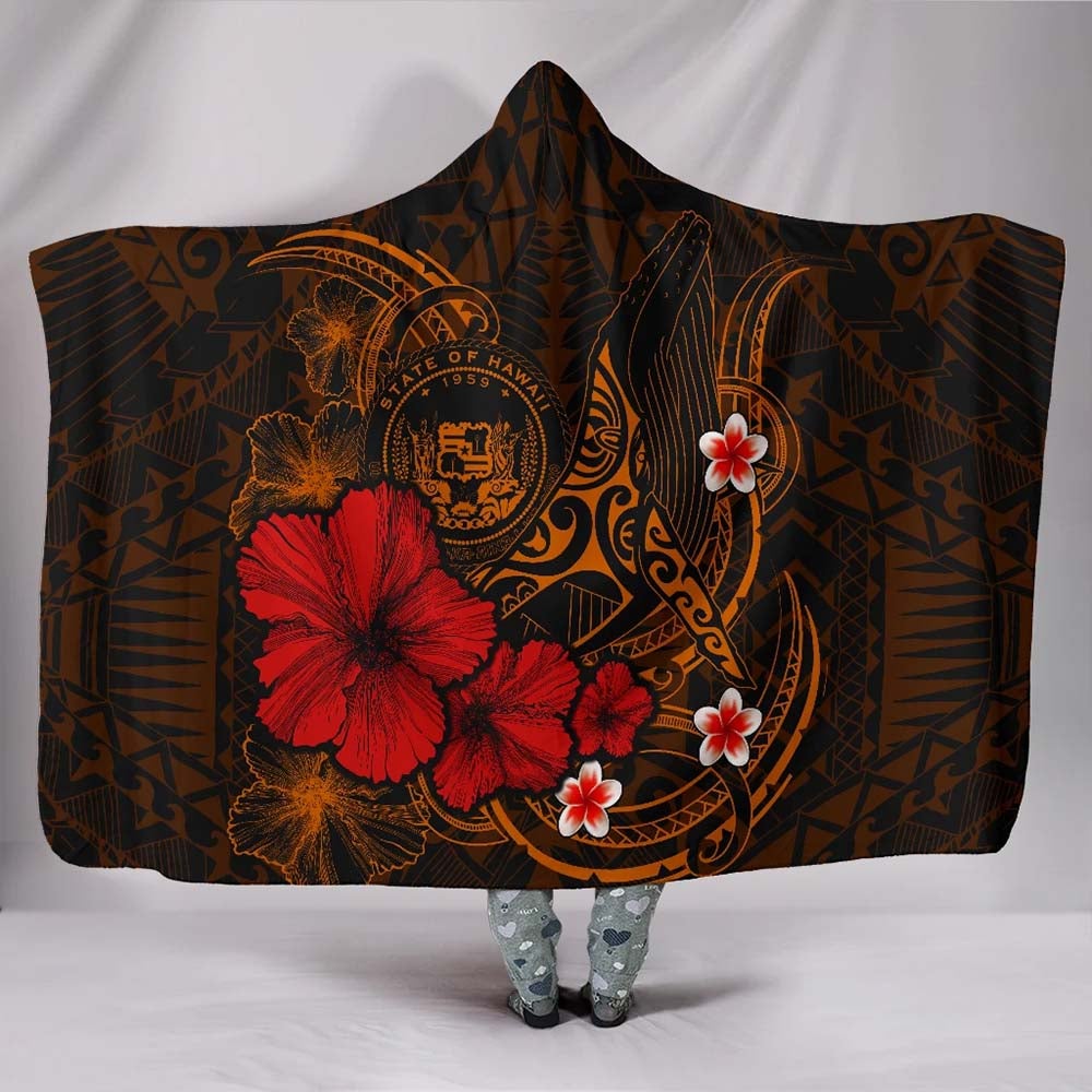 Polynesian Hawaii Hooded Blanket - Humpback Whale with Hibiscus (Golden)
