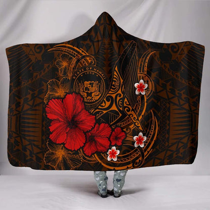 Polynesian Hawaii Hooded Blanket - Humpback Whale with Hibiscus (Golden)
