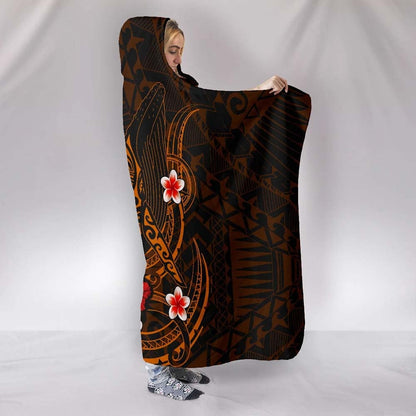 Polynesian Hawaii Hooded Blanket - Humpback Whale with Hibiscus (Golden)