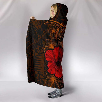 Polynesian Hawaii Hooded Blanket - Humpback Whale with Hibiscus (Golden)
