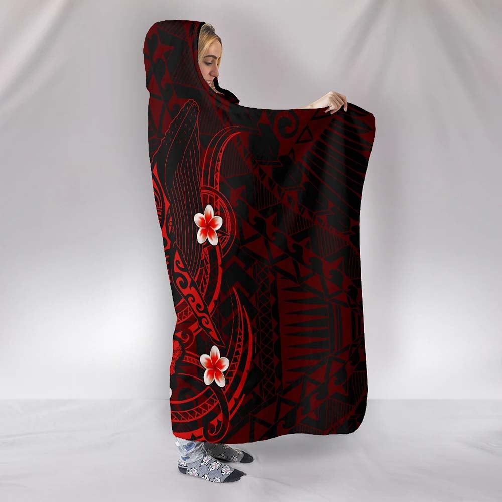 Polynesian Hawaii Hooded Blanket - Humpback Whale with Hibiscus (Red)