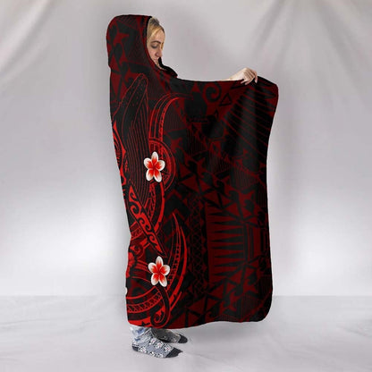 Polynesian Hawaii Hooded Blanket - Humpback Whale with Hibiscus (Red)