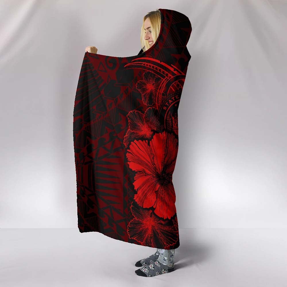 Polynesian Hawaii Hooded Blanket - Humpback Whale with Hibiscus (Red)
