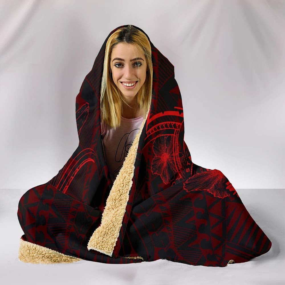 Polynesian Hawaii Hooded Blanket - Humpback Whale with Hibiscus (Red)