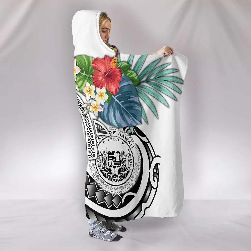 Polynesian Hawaii Hooded Blanket - Summer Plumeria (White)