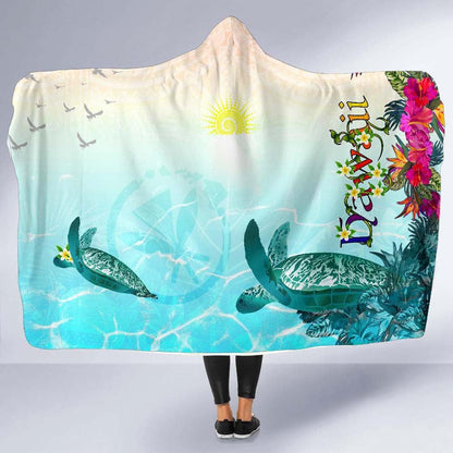 Polynesian Hawaii Hooded Blankets - View sea Hawaii with Turtle and Whale